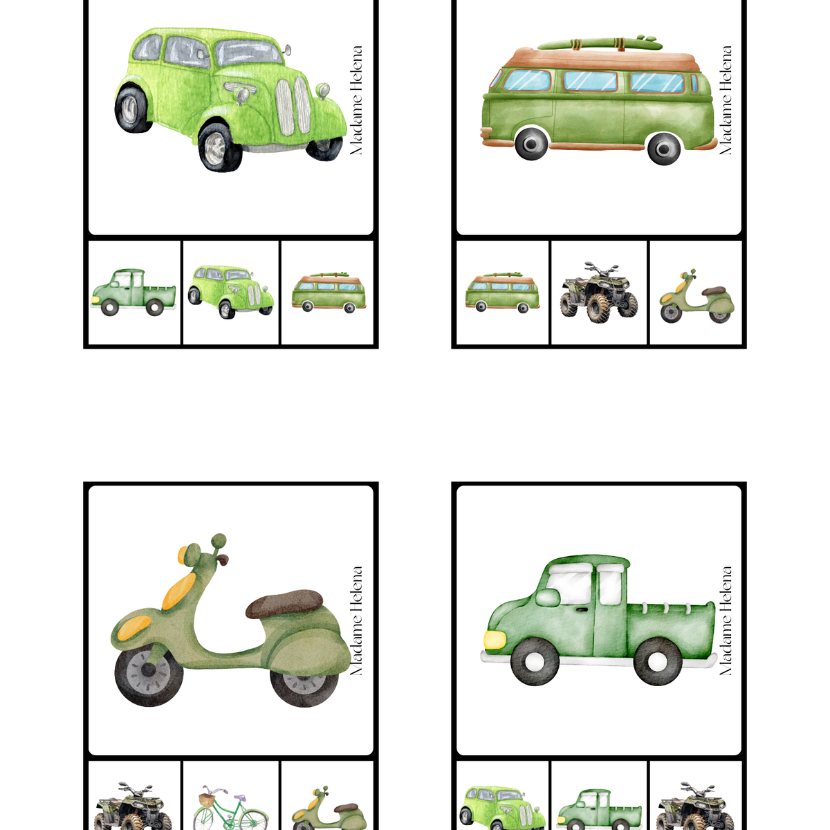 Thème Véhicules - Cartes à pinces de discrimination visuelle