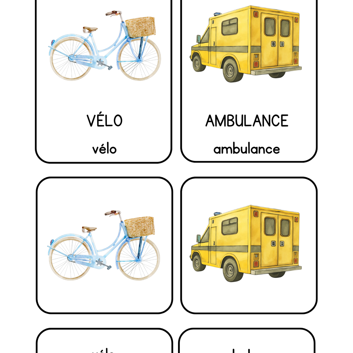 Thème Véhicules - Cartes de nomenclature