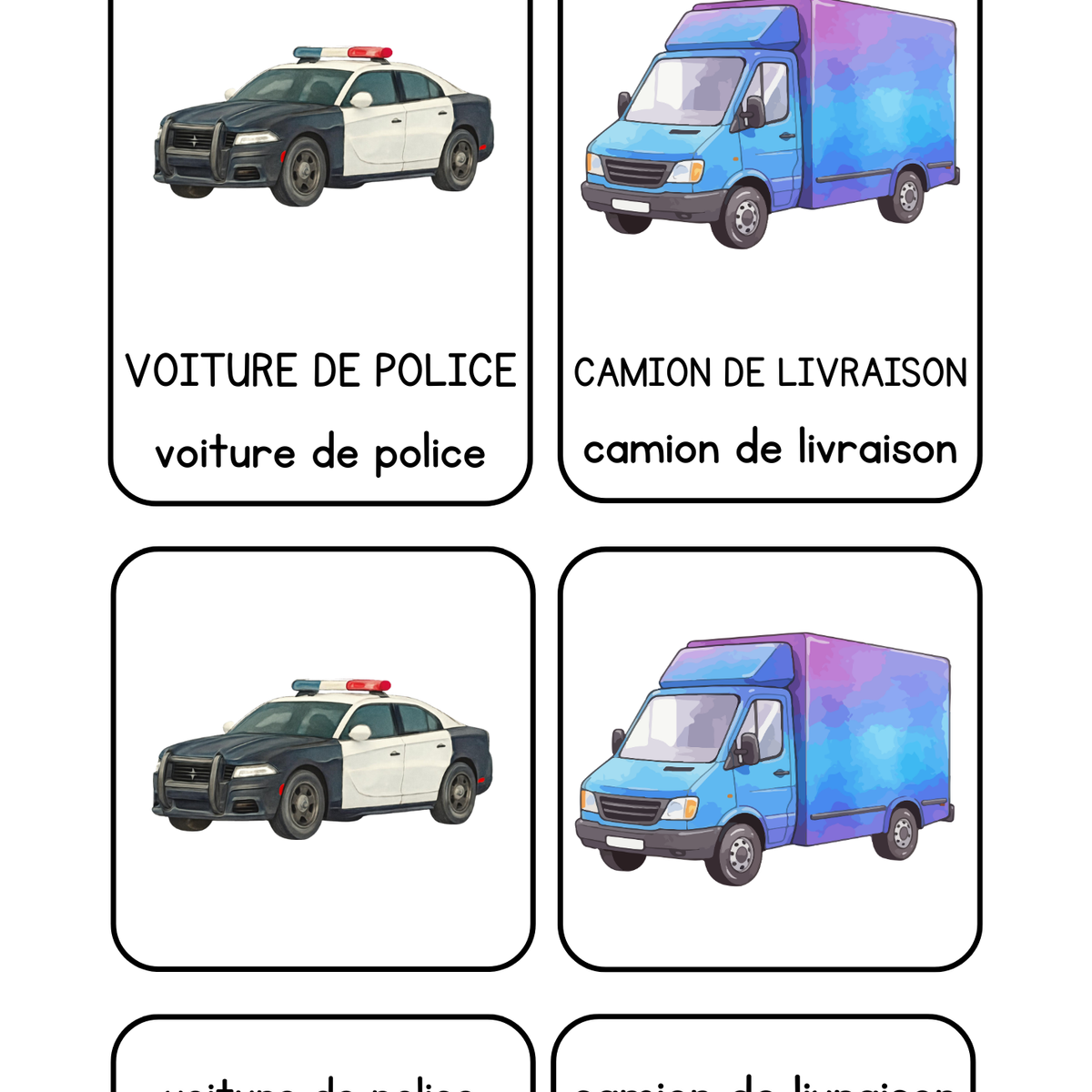 Thème Véhicules - Cartes de nomenclature